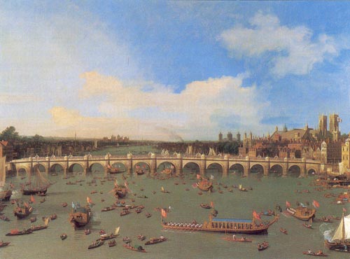 Каналетто. Вестминстерский мост в Лондоне с кортежем лорда-мэра на  Темзе